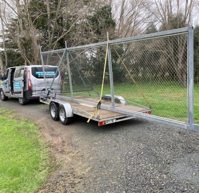 Large galvanised chainlink gate panel loaded on a trailer for delivery